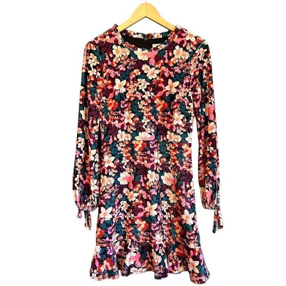 Bcbgeneration Velvet Floral Print Ruffle Trim Colorful Mini Dress - Picture 7 of 8